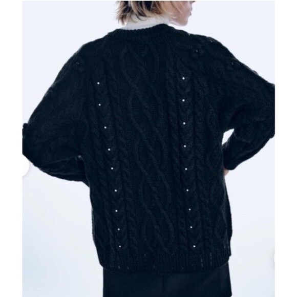 New Zara cardigan cable knit Oversized Jewel Rhinestones Beads Black sweater S - Picture 3 of 12